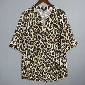 Cocomo Leopard Tunic Top Popover Size 3X Pleats Stretch Slinky Roll Tab Sleeves
